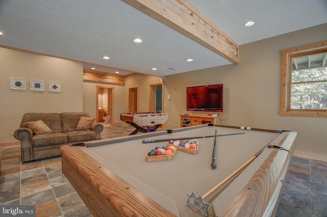 playroom with beam ceiling and billiards