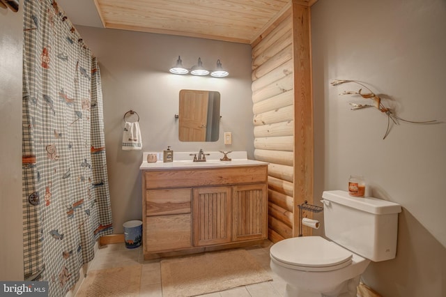 bathroom featuring toilet, tile patterned floors, wood ceiling, rustic walls, and vanity