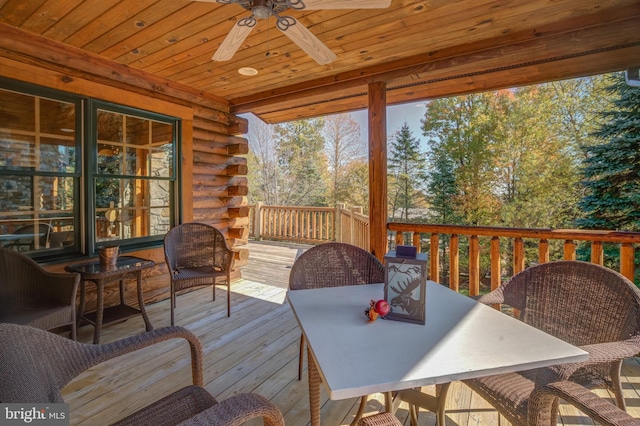 wooden terrace featuring ceiling fan and french doors