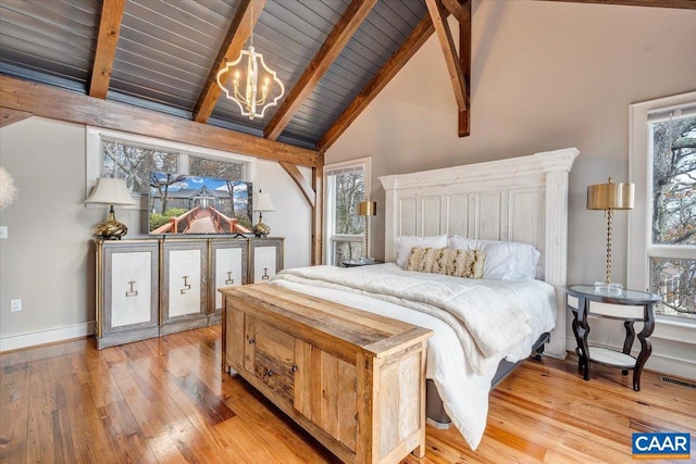 bedroom featuring a notable chandelier, high vaulted ceiling, light hardwood / wood-style floors, beamed ceiling, and wooden ceiling