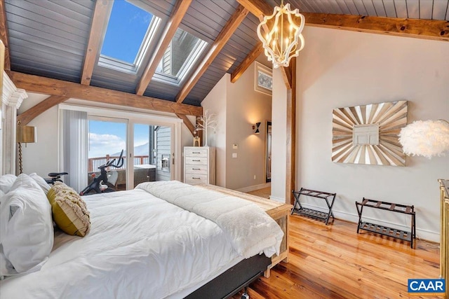 bedroom with access to exterior, hardwood / wood-style floors, beamed ceiling, a skylight, and wooden ceiling