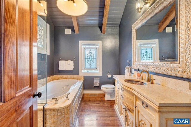 bathroom with hardwood / wood-style flooring, vanity, wood ceiling, toilet, and lofted ceiling with beams