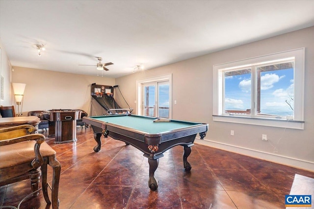 playroom featuring billiards, ceiling fan, and dark tile patterned flooring