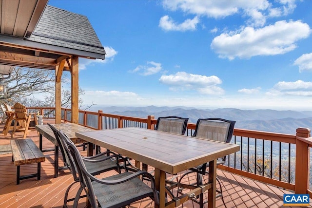 wooden deck with a mountain view