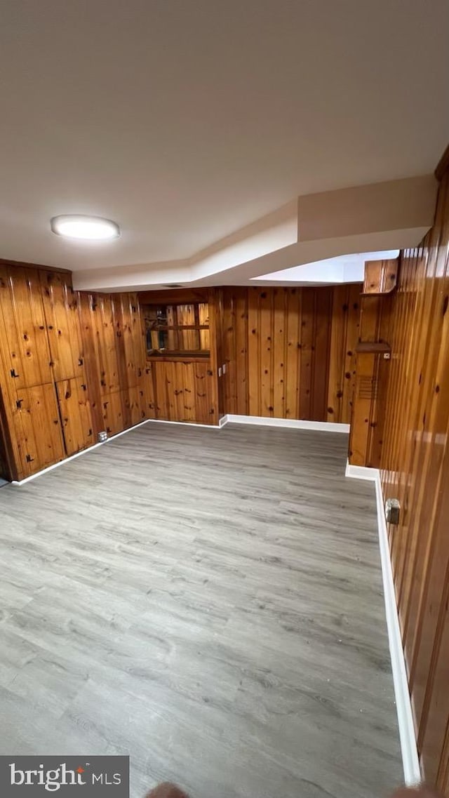 basement with wood walls and hardwood / wood-style floors