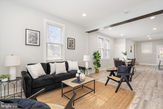 living room with light hardwood / wood-style flooring and a healthy amount of sunlight