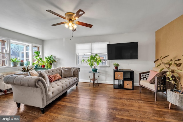 living room with ceiling fan and dark wood-type flooring