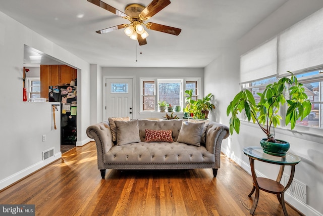 living room with ceiling fan and hardwood / wood-style flooring