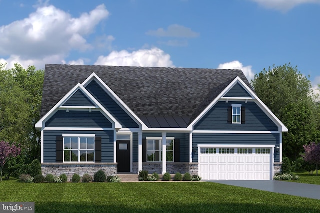 craftsman house with a garage and a front lawn