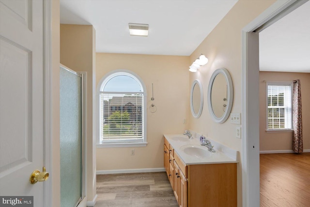 bathroom with vanity, hardwood / wood-style floors, and a shower with shower door