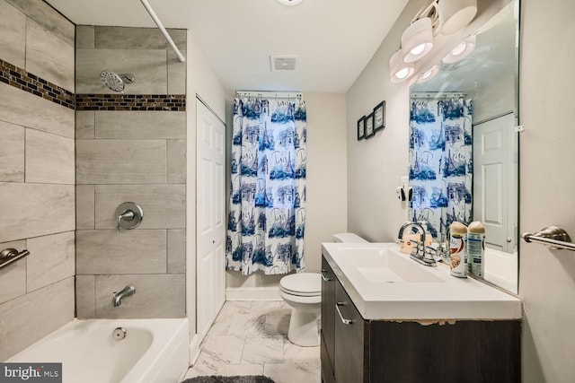 full bathroom featuring vanity, toilet, and shower / bathtub combination with curtain