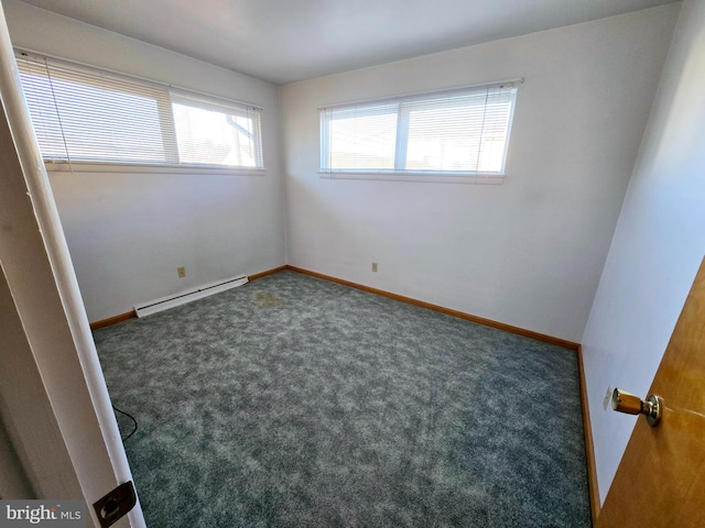 empty room featuring baseboard heating and dark carpet