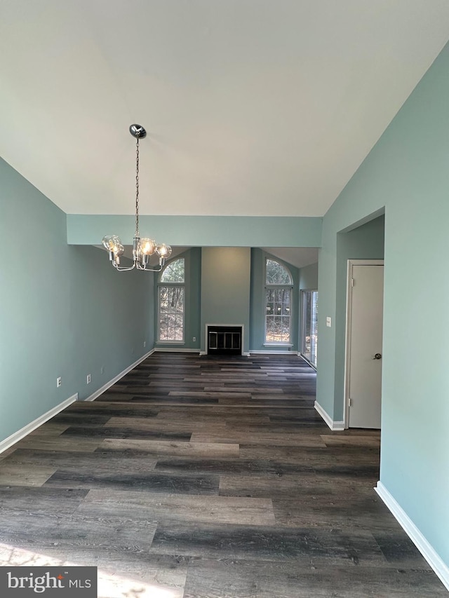 986 Yachtsman Way, Annapolis, MD 21403 - unfurnished living room with a chandelier, baseboards, wood finished floors, a fireplace, and lofted ceiling