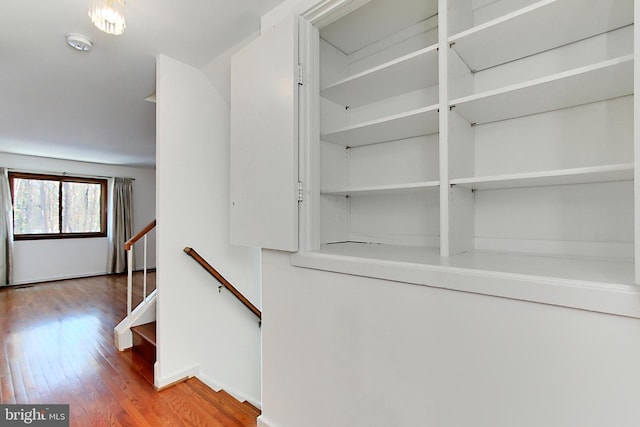 staircase with hardwood / wood-style flooring