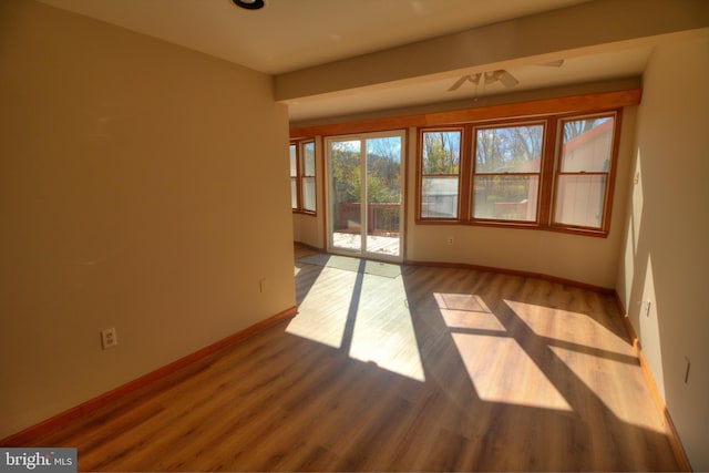 spare room with light wood-type flooring and ceiling fan