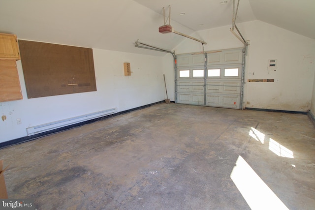 garage featuring a baseboard radiator and a garage door opener