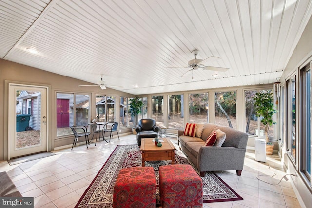 sunroom / solarium featuring wooden ceiling, ceiling fan, and lofted ceiling