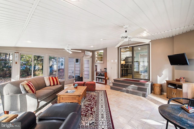 tiled living room featuring wooden ceiling, ceiling fan, and vaulted ceiling