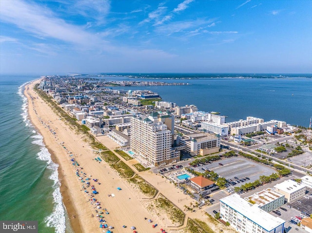 bird's eye view with a view of the beach and a water view