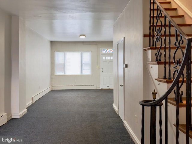 corridor featuring dark carpet and a baseboard heating unit