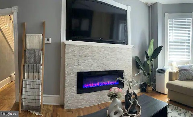 living room with hardwood / wood-style flooring and a stone fireplace