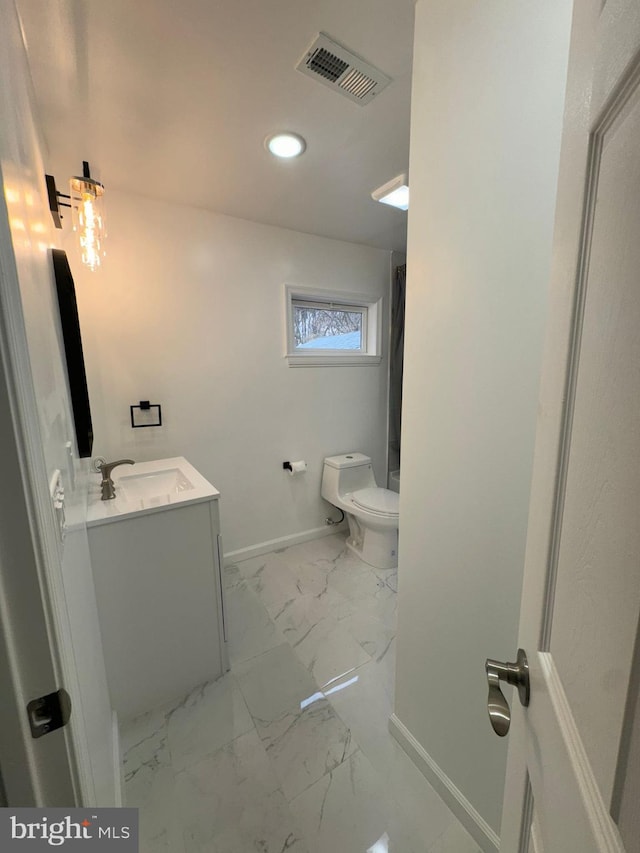 111 E Del A Vue Ave, Carneys Point, NJ 08069 - full bath featuring toilet, vanity, marble finish floors, recessed lighting, and baseboards