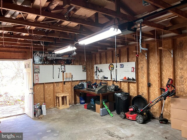 garage featuring a workshop area