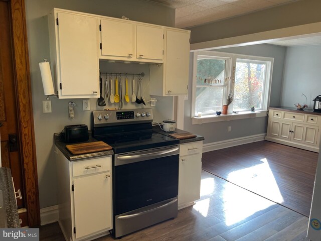 kitchen featuring dark countertops, electric range, and dark wood-style flooring