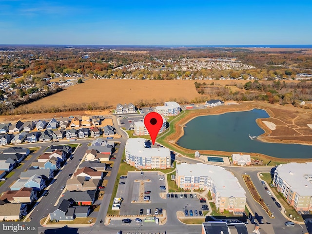 drone / aerial view with a water view