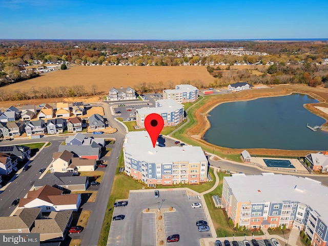 drone / aerial view featuring a water view