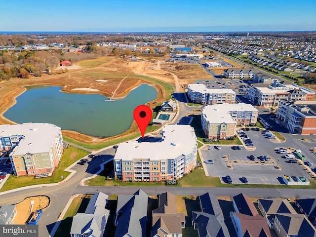 drone / aerial view featuring a water view