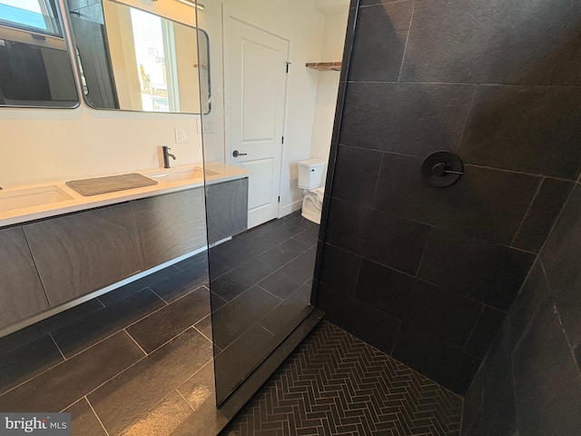 bathroom featuring a shower, vanity, and toilet