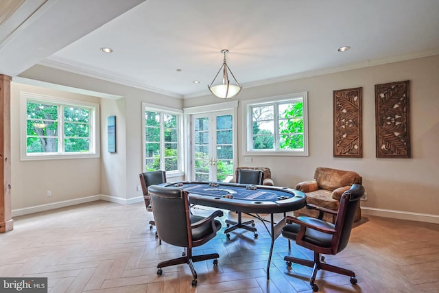 office with light parquet flooring, plenty of natural light, and crown molding