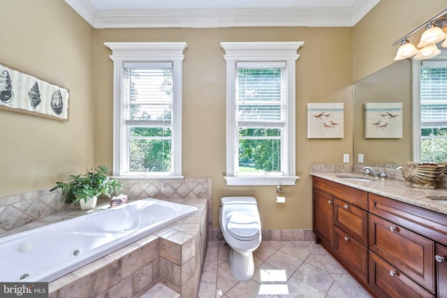 bathroom featuring crown molding, plenty of natural light, vanity, and a relaxing tiled tub