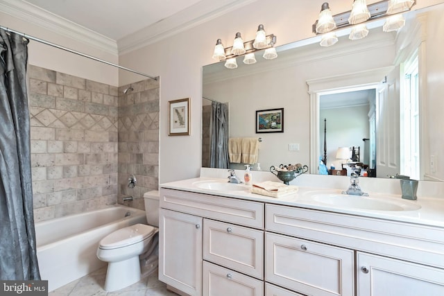 full bathroom featuring tile patterned flooring, crown molding, toilet, vanity, and shower / tub combo