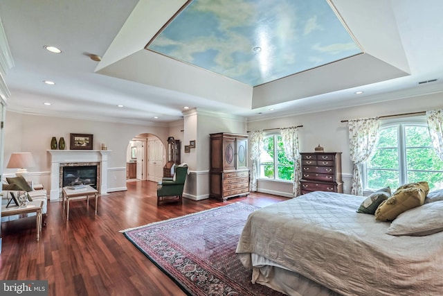 bedroom featuring a raised ceiling, multiple windows, dark wood-type flooring, and ornamental molding