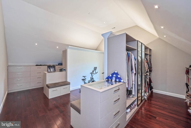 walk in closet featuring dark hardwood / wood-style floors and lofted ceiling