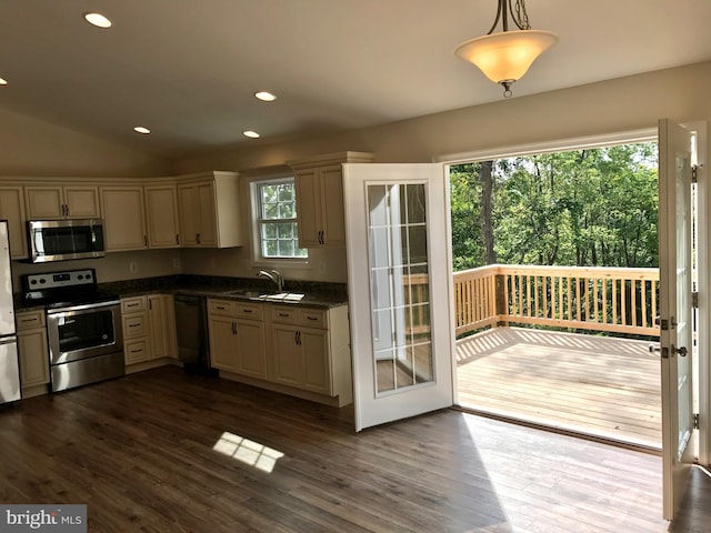 kitchen featuring dark hardwood / wood-style flooring, lofted ceiling, hanging light fixtures, sink, and appliances with stainless steel finishes