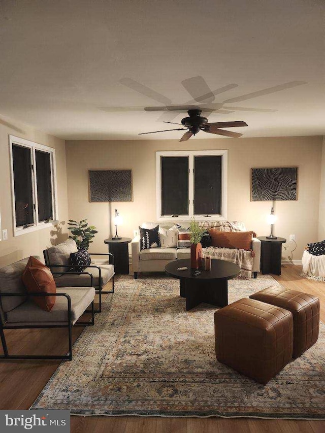 living room with ceiling fan and wood-type flooring