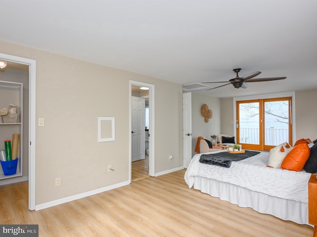 2142 Lake Dr, Pasadena, MD 21122 - bedroom with light wood-type flooring, baseboards, access to outside, a ceiling fan, and ensuite bathroom