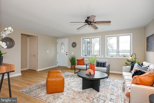 2142 Lake Dr, Pasadena, MD 21122 - living room featuring a ceiling fan, light wood finished floors, and baseboards