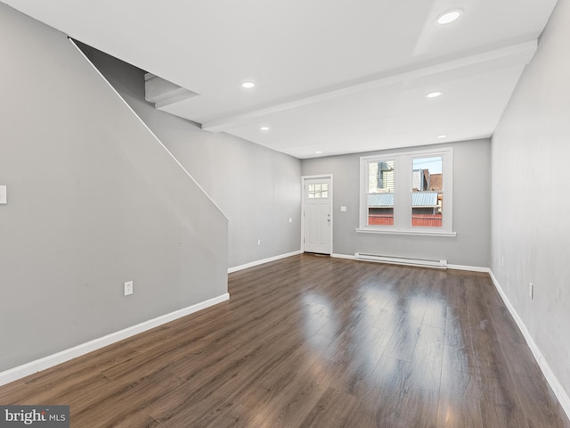 unfurnished living room featuring a baseboard heating unit and dark hardwood / wood-style flooring