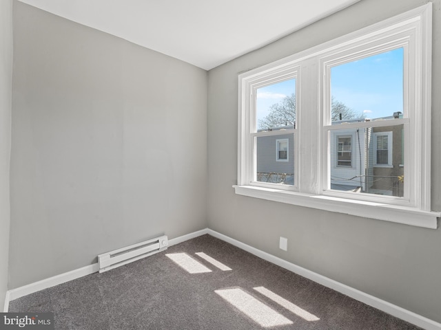 carpeted spare room with a baseboard radiator