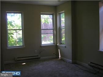 empty room with a baseboard heating unit and carpet floors