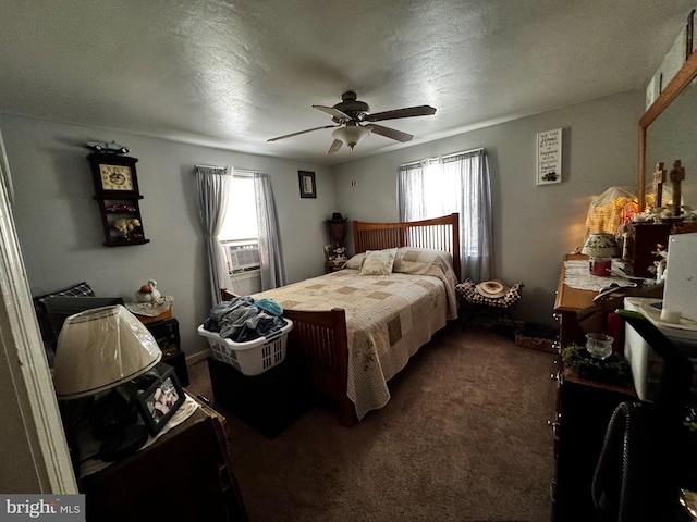 255 Regina Ave, Hamilton, NJ 08619 - bedroom featuring multiple windows, dark carpet, a ceiling fan, a textured ceiling, and cooling unit
