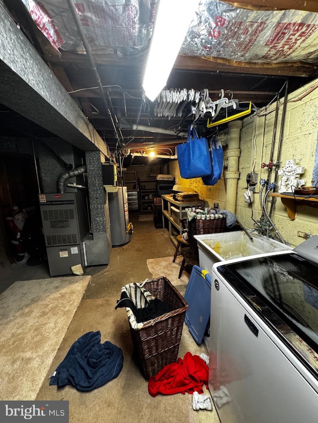 255 Regina Ave, Hamilton, NJ 08619 - unfinished below grade area featuring washer / clothes dryer, water heater, and heating unit