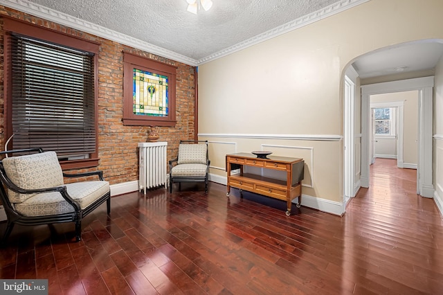 sitting room featuring dark hardwood / wood-style flooring, a textured ceiling, radiator, and crown molding