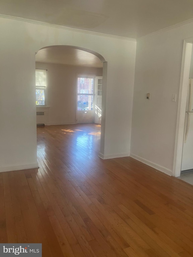 spare room with wood-type flooring and ornamental molding