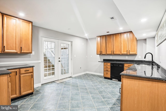 kitchen featuring dishwasher, french doors, sink, kitchen peninsula, and dark stone counters