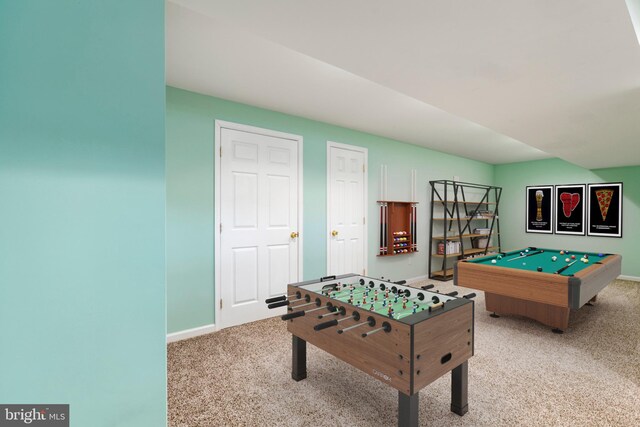 game room with light colored carpet and billiards